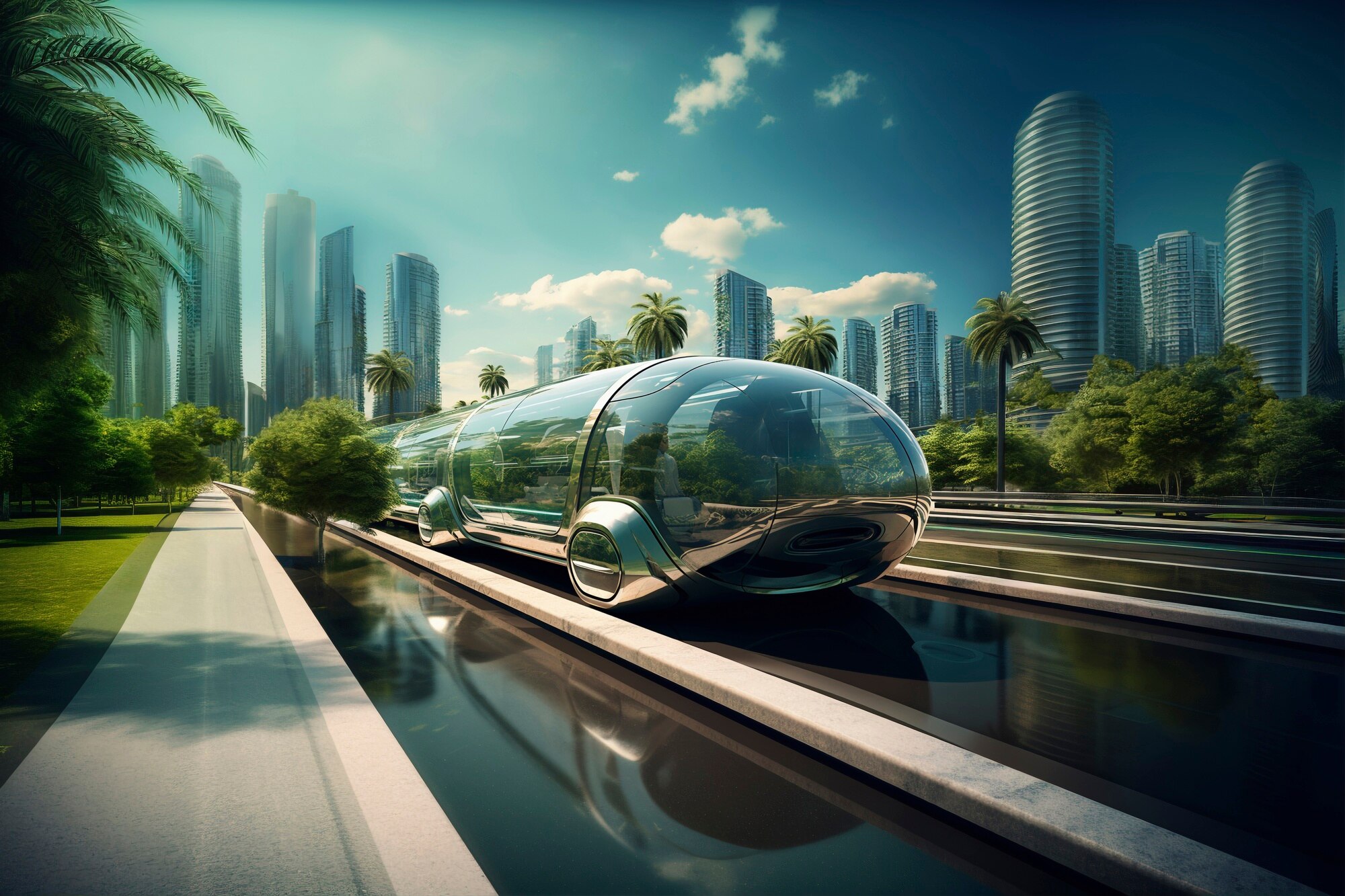 AI图库-科技列车绿色城市Modern car on futuristic road-来源于youpsd.com