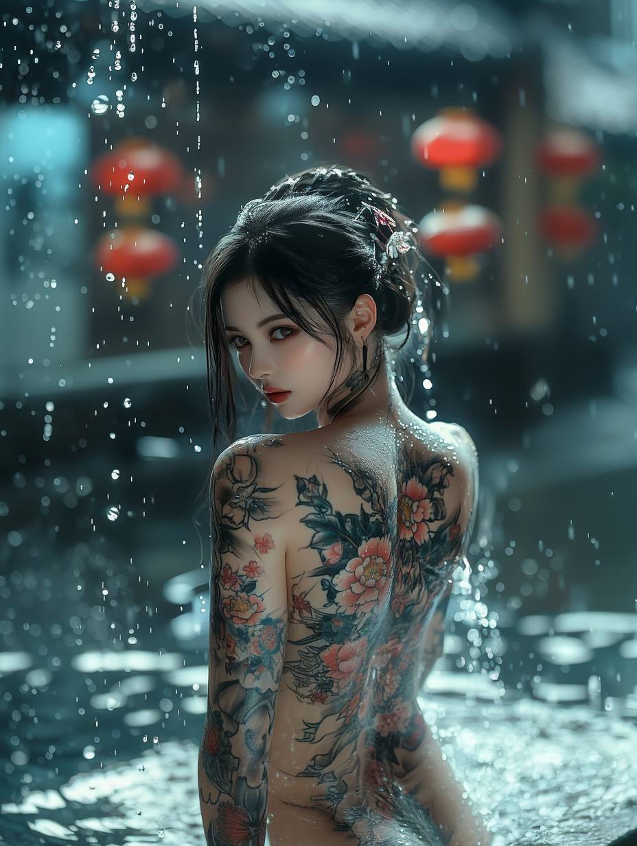 人物绘画-AI图片雨中纹身裸体美女 