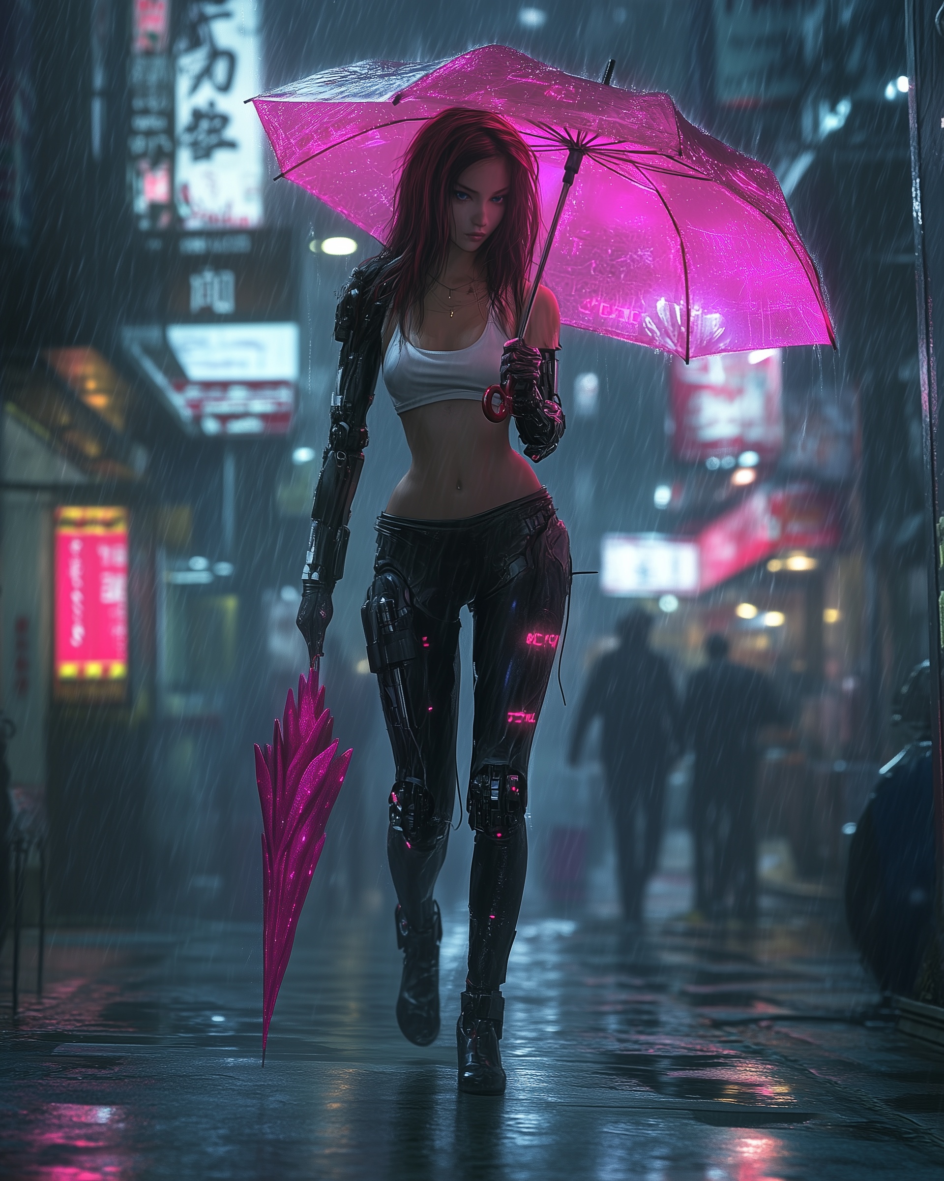 AI图库-AI图片雨天美女打伞霓虹风