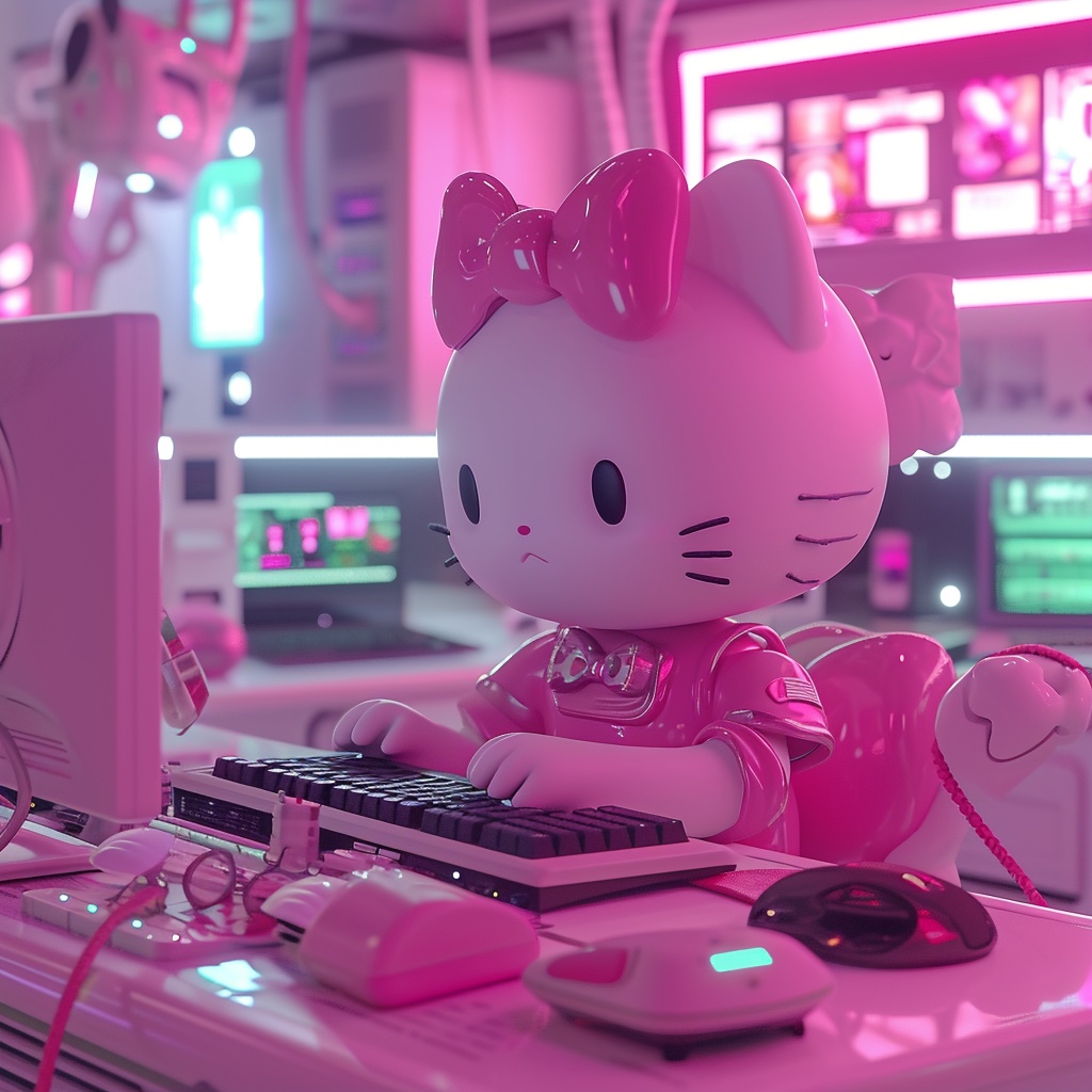 AI图库-hellokitty凯蒂坐在电脑旁的桌子上-来源于youpsd.com